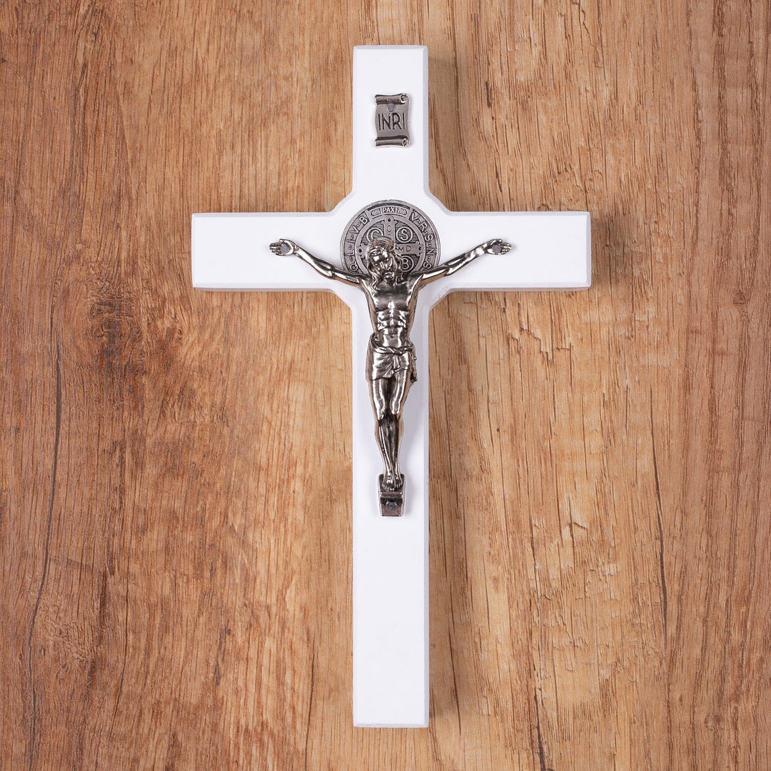 Cruz de madeira de São Bento Pendente Cruz com Símbolo da Paixão (Branco, 18x10x1,8cm)