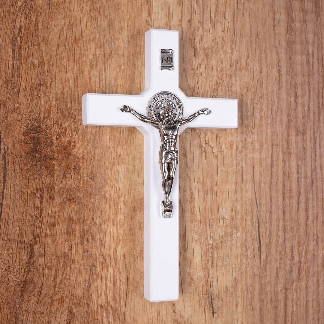 Cruz de madeira de São Bento Pendente Cruz com Símbolo da Paixão (Branco, 28x16x1,8cm)