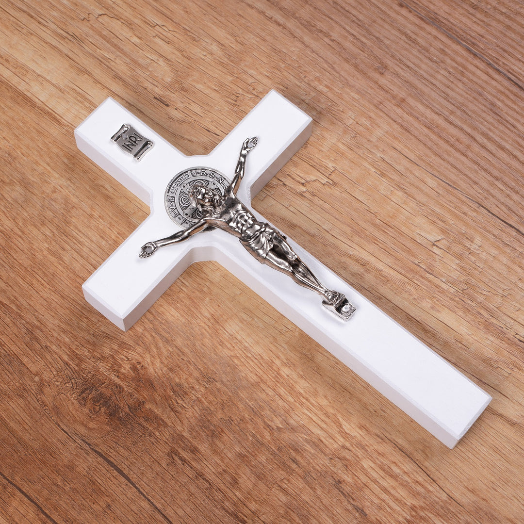 Cruz de madeira de São Bento Pendente Cruz com Símbolo da Paixão (Branco, 28x16x1,8cm)