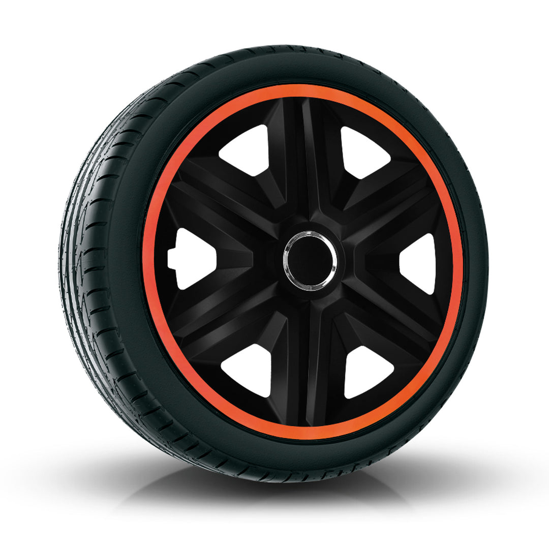 Tapacubos NRM Fast Lux para llantas de acero Juego de 4 tapacubos para vehículo KFZ Apto para la mayoría de marcas y llantas Plástico ABS (Negro/Naranja, 14")