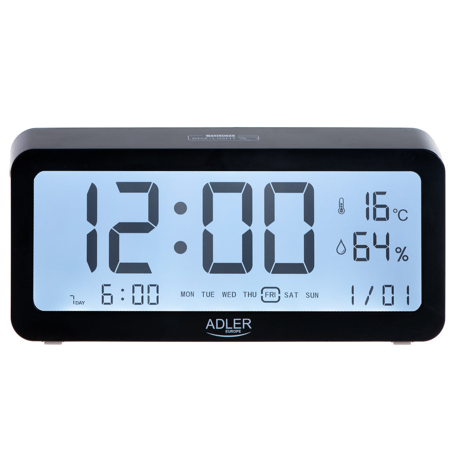 Despertador Adler a pilhas, preto, visor iluminado AD1195b