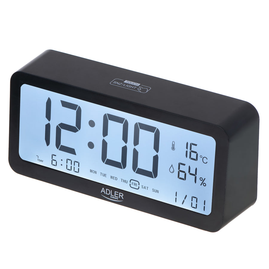 Despertador Adler a pilhas, preto, visor iluminado AD1195b