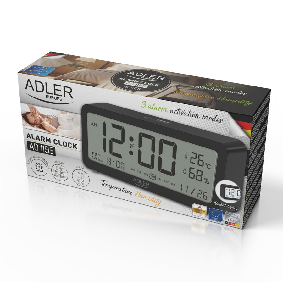 Despertador Adler a pilhas, preto, visor iluminado AD1195b