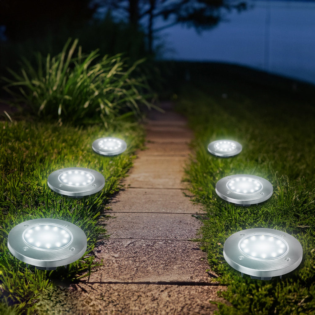 Maclean MCE318 LED Lâmpada solar para caminho externo Luzes de jardim Luzes solares com ponta de solo 12 LED SMD branco neutro 4000K 0,7W IP44 (6x unid.)