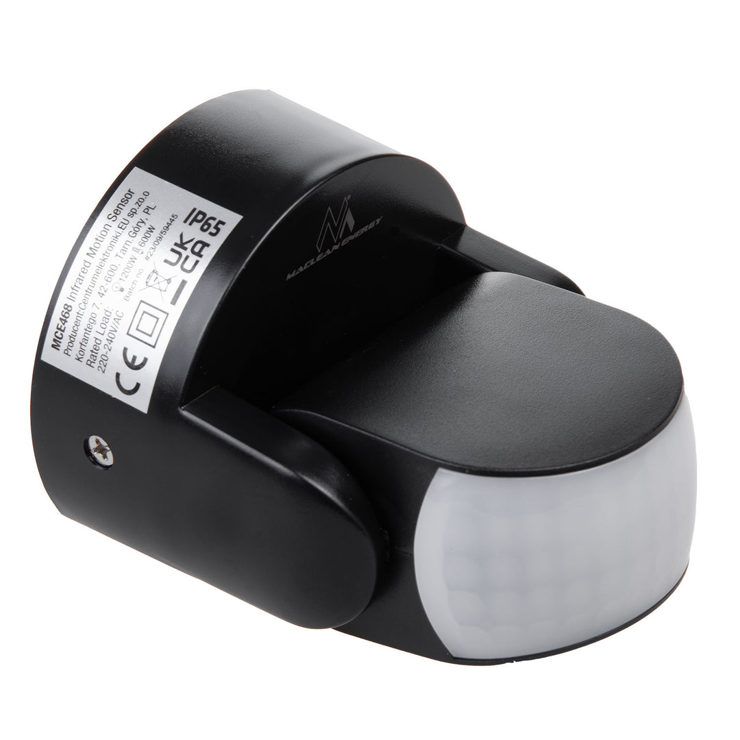 Detector de movimento PIR Maclean MCE468 B, infravermelho, IP65, preto, alcance de 12 m, carga máxima de 600/1200 W