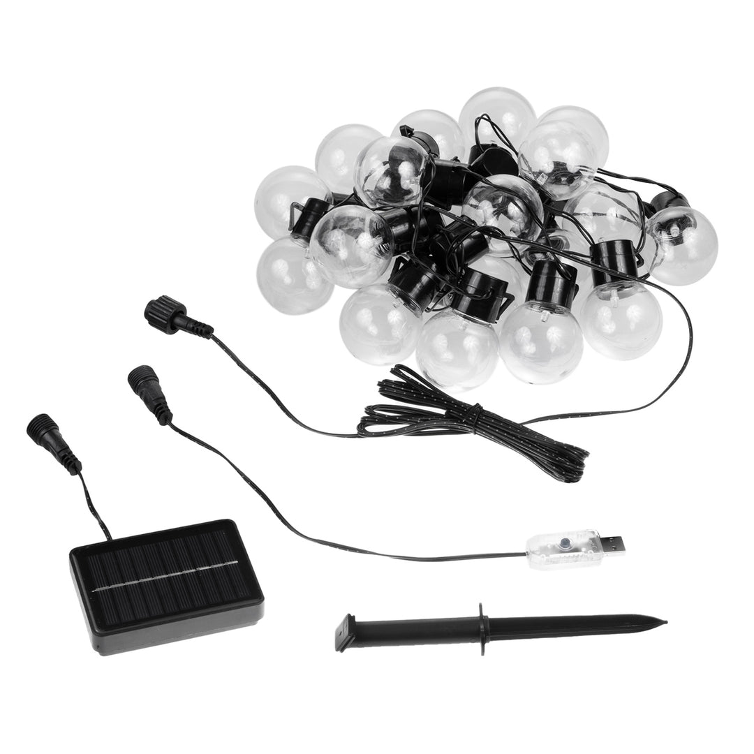 Luzes de jardim LED Maclean MCE424 2 em 1, alimentadas a energia solar ou USB, 20 lâmpadas, IP44, 3 W, 10 lm, 3000 K, 2 baterias recarregáveis de 600 mAh, 5 V DC, 7 m