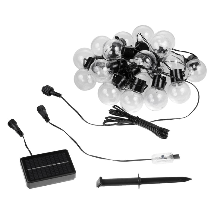 Luzes de jardim LED Maclean MCE424 2 em 1, alimentadas a energia solar ou USB, 20 lâmpadas, IP44, 3 W, 10 lm, 3000 K, 2 baterias recarregáveis de 600 mAh, 5 V DC, 7 m