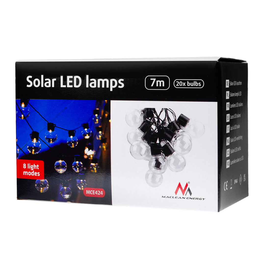 Luzes de jardim LED Maclean MCE424 2 em 1, alimentadas a energia solar ou USB, 20 lâmpadas, IP44, 3 W, 10 lm, 3000 K, 2 baterias recarregáveis de 600 mAh, 5 V DC, 7 m