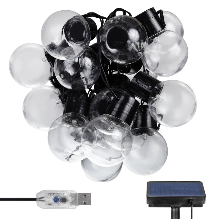 Luzes de jardim LED Maclean MCE424 2 em 1, alimentadas a energia solar ou USB, 20 lâmpadas, IP44, 3 W, 10 lm, 3000 K, 2 baterias recarregáveis de 600 mAh, 5 V DC, 7 m