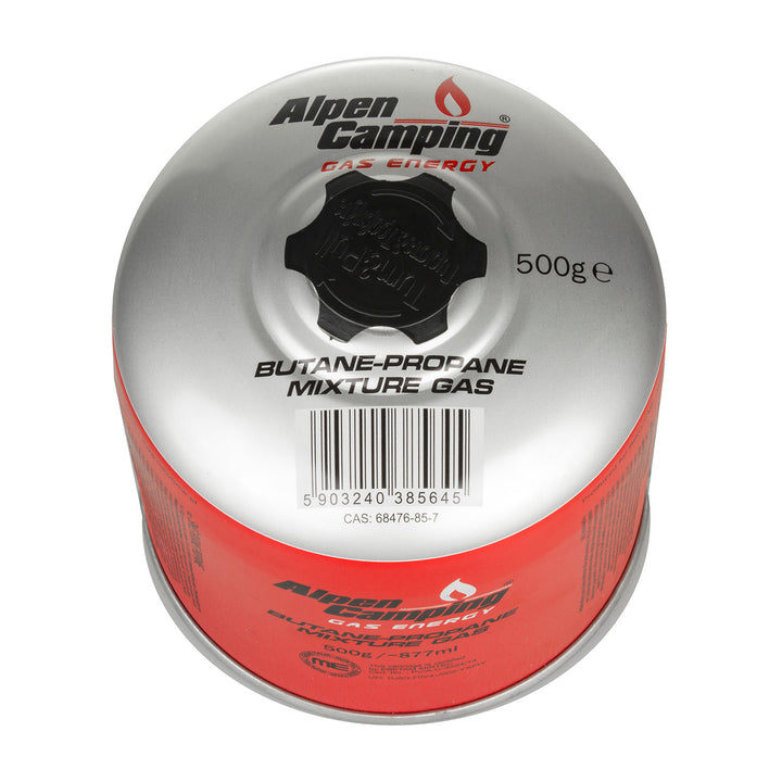 4x cartucho de camping gas Alpen de 500 g. Certificado: Pi 0437, según EN417, propano-butano, rango -10°c a + 40°c, válvula 7/16" IK008