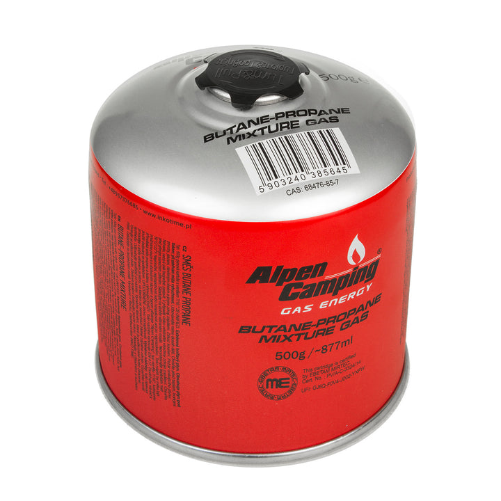 4x cartucho de camping gas Alpen de 500 g. Certificado: Pi 0437, según EN417, propano-butano, rango -10°c a + 40°c, válvula 7/16" IK008
