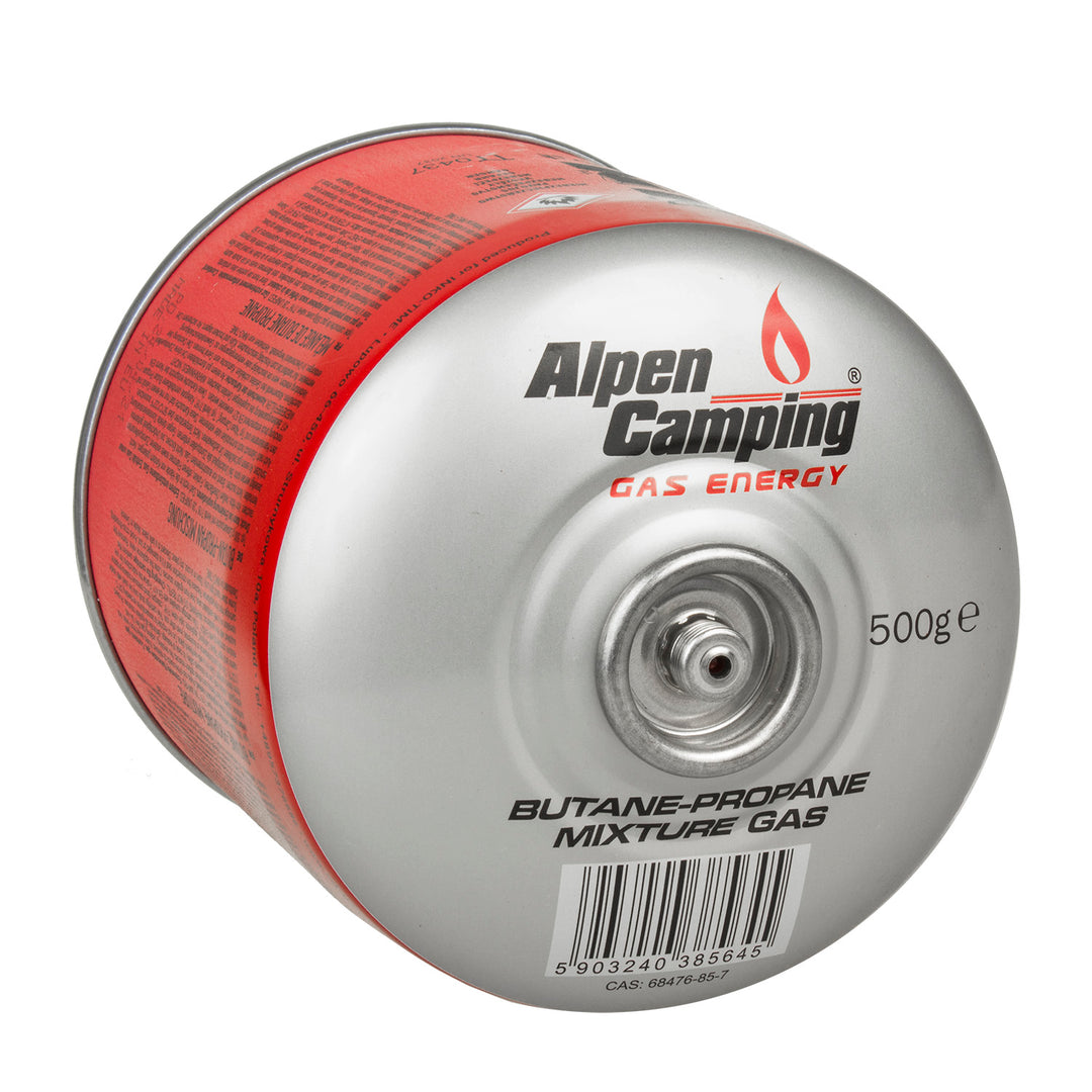 4x cartucho de camping gas Alpen de 500 g. Certificado: Pi 0437, según EN417, propano-butano, rango -10°c a + 40°c, válvula 7/16" IK008