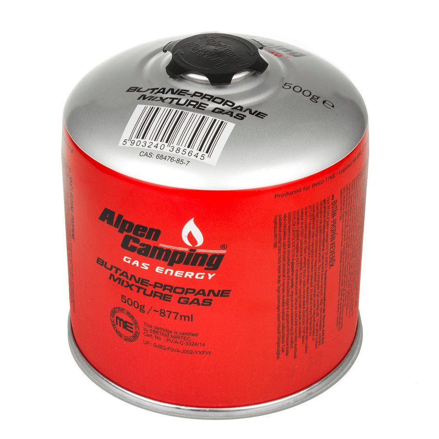6 cartuchos de gás Alpen Camping de 500 g. Certificado: PI 0437, de acordo com a norma EN417, propano-butano, temperatura de funcionamento de -10 °C a +40 °C, válvula de 7/16" IK008