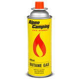 28 cartuchos de gás Alpen Camping de 400 ml. Certificado: PI 0875, em conformidade com a norma EN417, isobutano, intervalo de funcionamento de -10°C a +40°C, IK004
