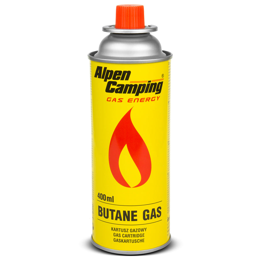 28 cartuchos de gás Alpen Camping de 400 ml. Certificado: PI 0875, em conformidade com a norma EN417, isobutano, intervalo de funcionamento de -10°C a +40°C, IK004
