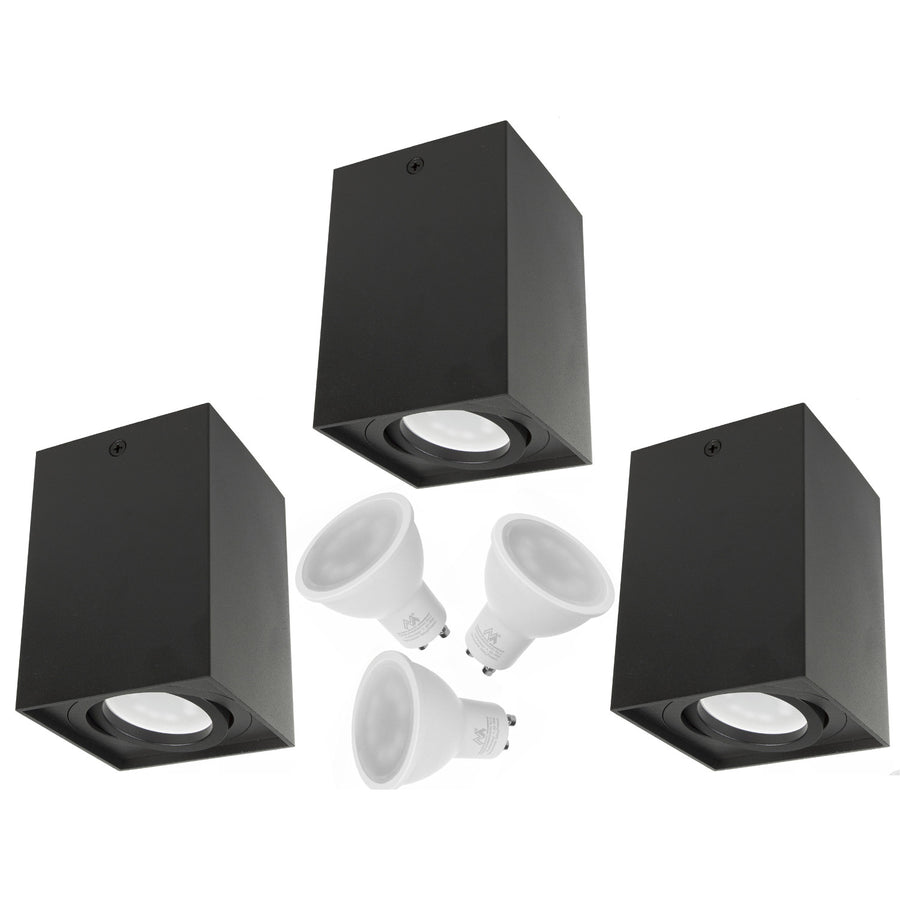 Luminária de superfície/tubo Maclean 3x, spot, quadrada, alumínio, GU10, 80x80x115mm, preta, MCE426 B + 3 lâmpadas LED de 5W