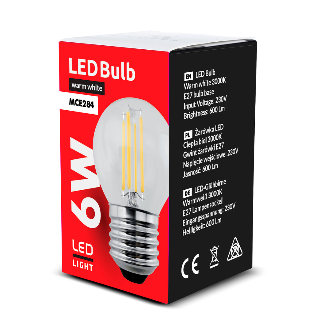 6 lâmpadas de filamento LED Maclean E27, 6W, 230V, branco quente WW 3000K, 600lm, decorativa retro Edison G45, MCE284