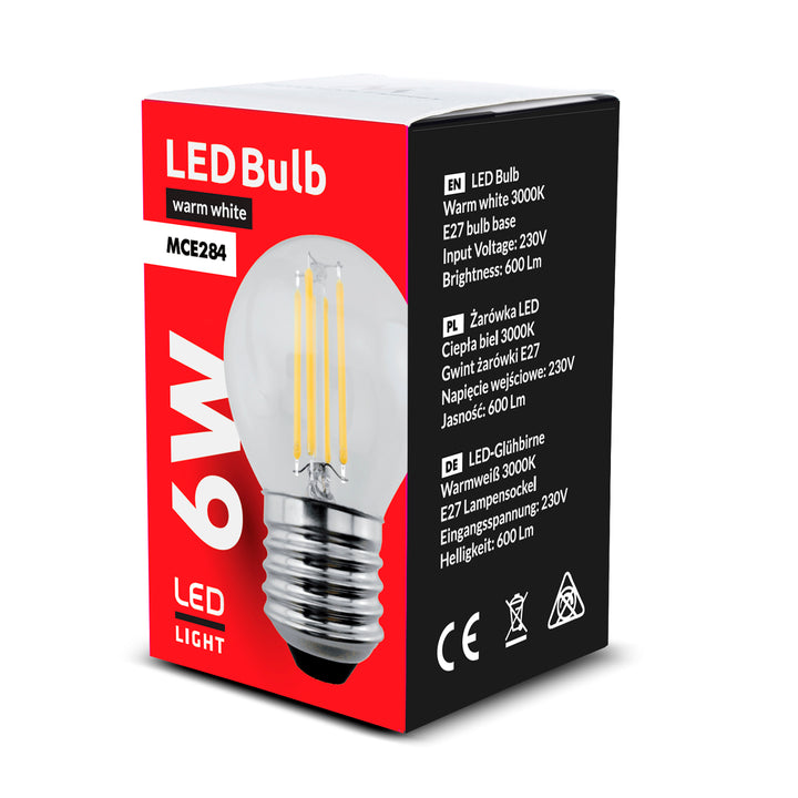 6 lâmpadas de filamento LED Maclean E27, 6W, 230V, branco quente WW 3000K, 600lm, decorativa retro Edison G45, MCE284