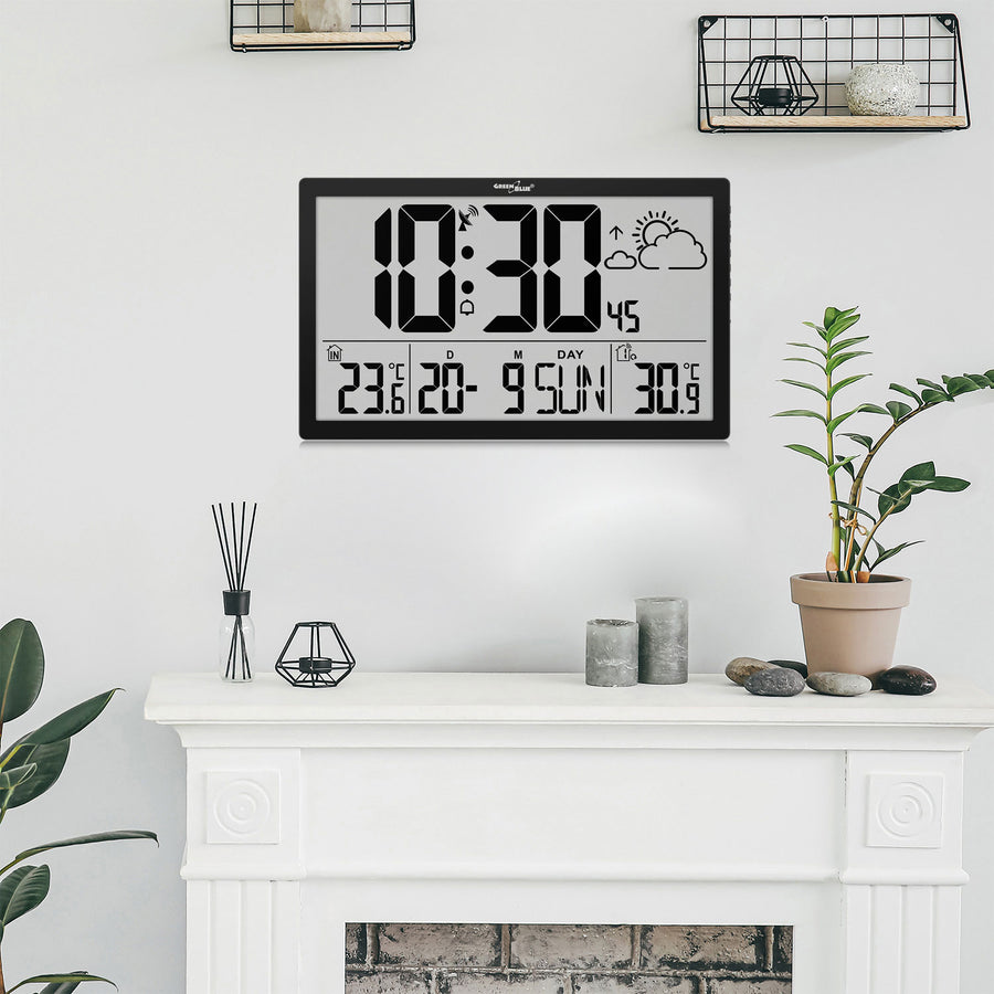 GreenBlue GB218 Estación Meteorológica Reloj de Pared Digital con Sensor de Exterior, Reloj DCF con Pantalla LCD, Alarma con Función Snooze, Temperatura Interior y Exterior, Previsión Meteorológica, 37x22,5cm,