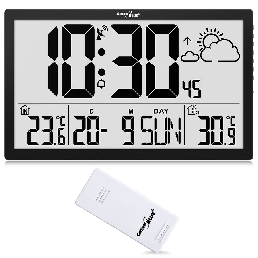 GreenBlue GB218 Estación Meteorológica Reloj de Pared Digital con Sensor de Exterior, Reloj DCF con Pantalla LCD, Alarma con Función Snooze, Temperatura Interior y Exterior, Previsión Meteorológica, 37x22,5cm,
