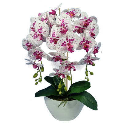 Damich Orquídea Artificial en Maceta Planta Floral Artificial Decoración Orquídea Artificial 3 Ramas en Flor Altura aprox. 60cm (Blanco/Rojo)