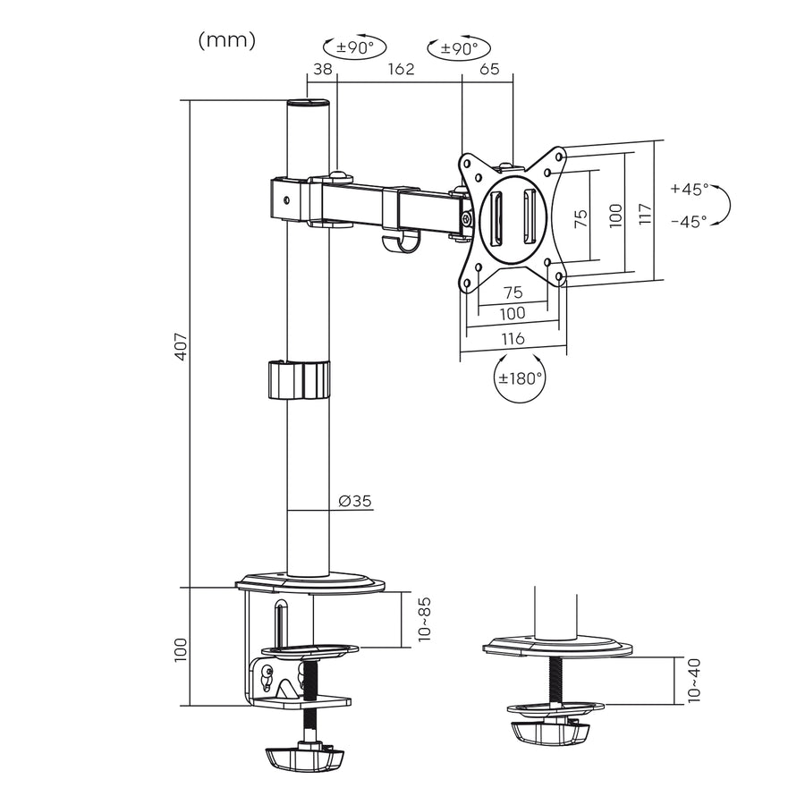 Maclean MC-572N Soporte de sobremesa para monitor LCD, brazo único, VESA 75x75 y 100x100, 17-32", 9kg
