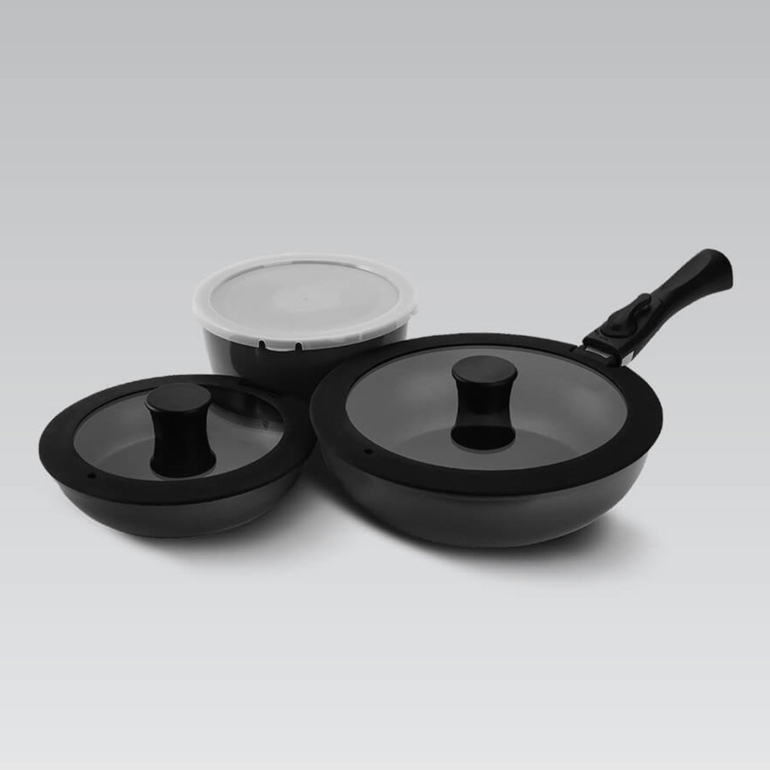 Maestro - Conjunto de frigideiras de 7 peças, frigideira Ø 18 com tampa de plástico, frigideira Ø 20 com tampa de vidro, frigideira funda Ø 26 com tampa de vidro, revestimento antiaderente, pega amovível
