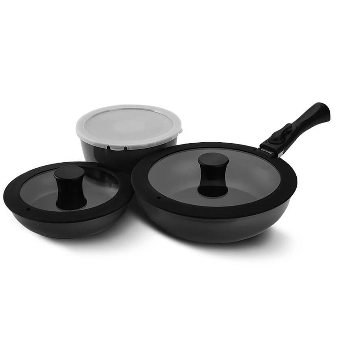 Maestro - Conjunto de frigideiras de 7 peças, frigideira Ø 18 com tampa de plástico, frigideira Ø 20 com tampa de vidro, frigideira funda Ø 26 com tampa de vidro, revestimento antiaderente, pega amovível