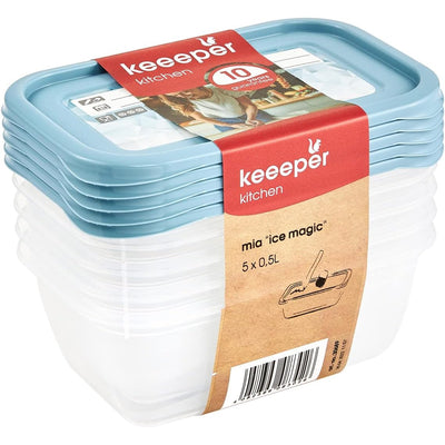 Conjunto de 5 recipientes para congelador Keeper, tampas com etiquetas reutilizáveis, 5 x 500 ml, 15,5 x 10,5 x 6 cm, Mia Magic Ice, azul nórdico