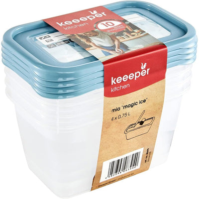 keeeper Set de 4 recipientes de congelación, Tapas con etiquetas reutilizables, 4 x 750 ml, 15,5 x 10,5 x 8,5 cm, Mia Magic Ice, Azul Nordic