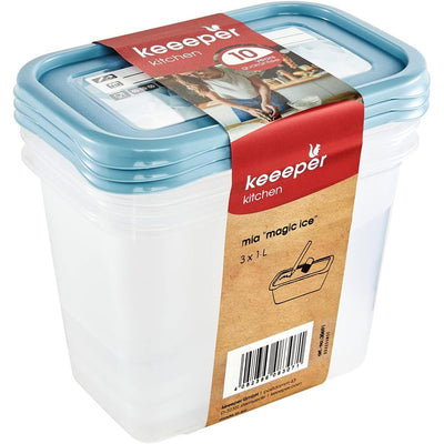 keeeper Set de 3 recipientes de congelación, Tapas con etiquetas reutilizables, 3 x 1 L, 15,5 x 10,5 x 11,5 cm, Mia Magic Ice, Azul Nordic