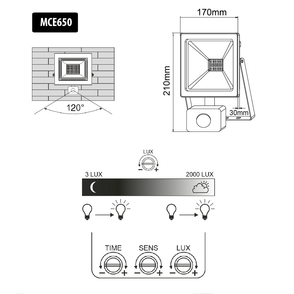 2x Foco Maclean MCE650 NW PIR LED com detector de movimento, fino 50W, 4000lm, branco neutro (4000K), IP44