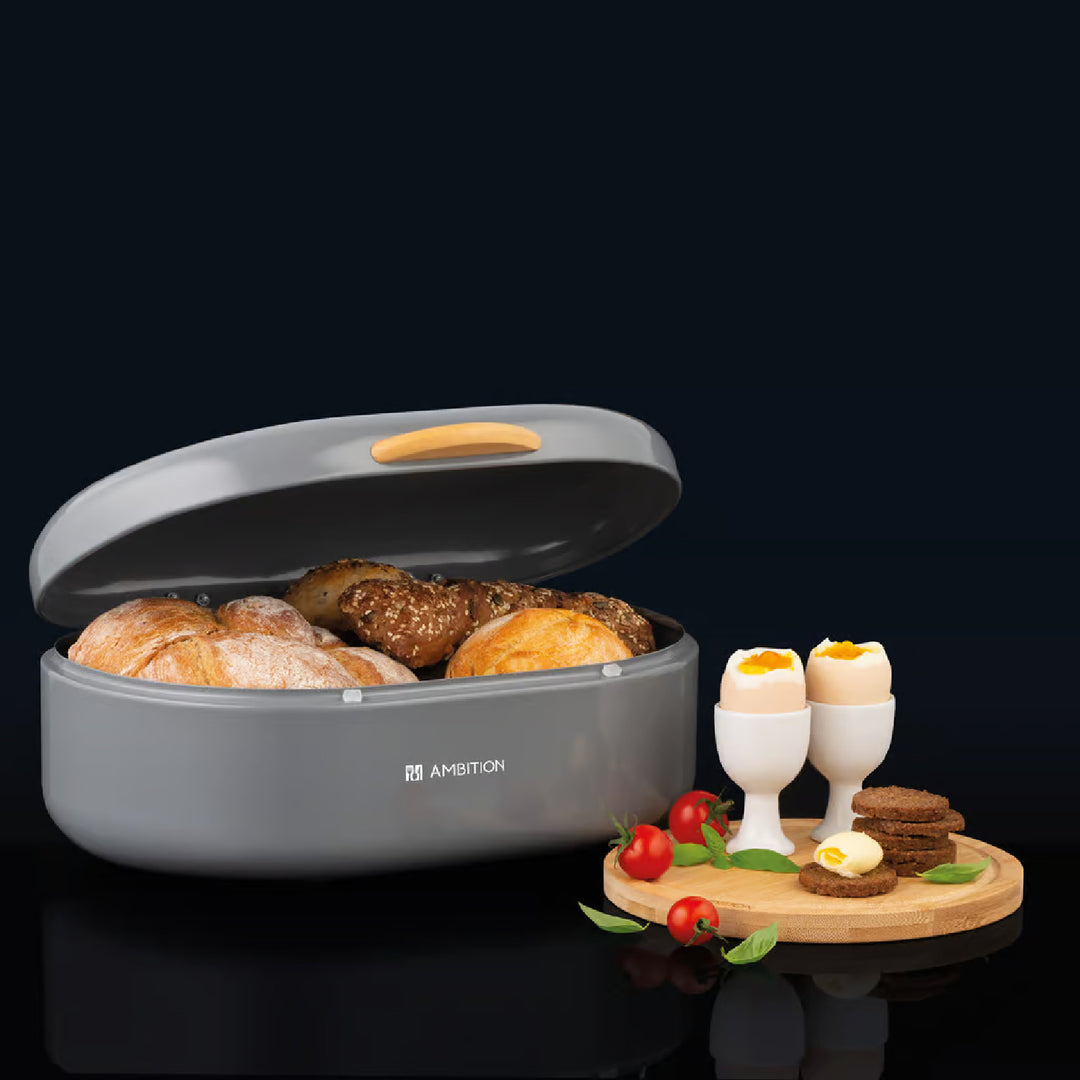 Caixa de pão grande em aço Ambition Olivier com pega em madeira, cinzenta, 35 cm